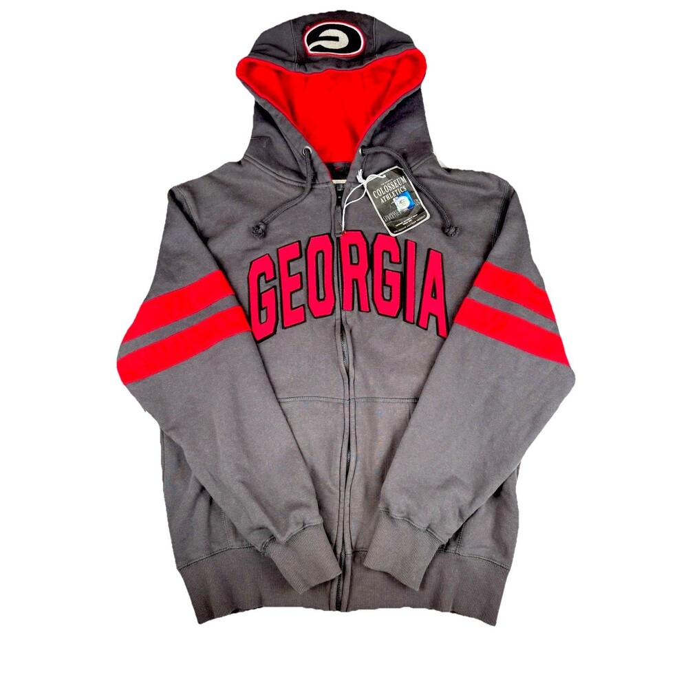 NWT Georgia Bulldogs Spellout Zip Hoodie Sweatshirt Red Gray Stripes Sz M